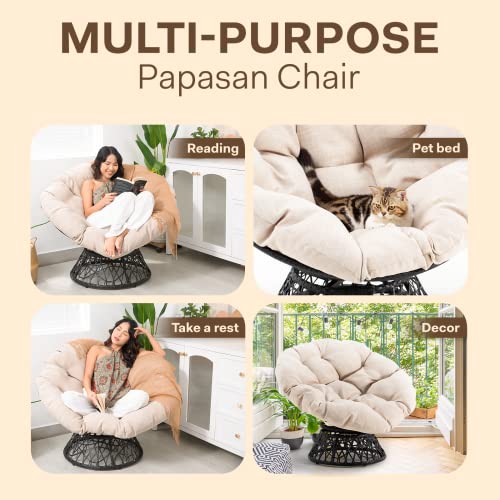 Bme Ergonomic Wicker Papasan Chair with Soft Thick Density Fabric Cushion, High Capacity Steel Frame, 360 Degree Swivel for Living, Bedroom, Reading Room, Lounge, Sepia Sand - Black Base