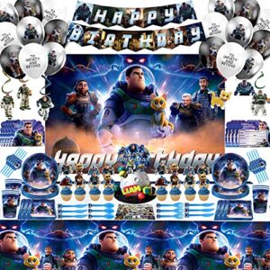 buzz lightyear party supplies, buzz party decorations set include happy birthday banner, balloons, swirls, tableware, backdrops for kids lightyear theme party
