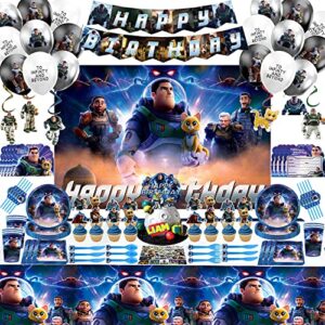 Buzz Lightyear Party Supplies, Buzz Party Decorations Set Include Happy Birthday Banner, Balloons, Swirls, Tableware, backdrops for Kids Lightyear Theme Party