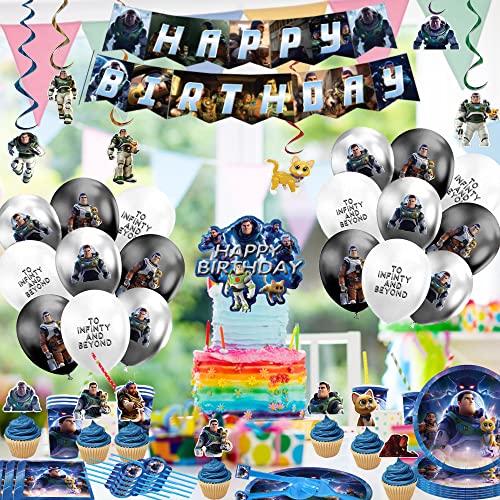 Buzz Lightyear Party Supplies, Buzz Party Decorations Set Include Happy Birthday Banner, Balloons, Swirls, Tableware, backdrops for Kids Lightyear Theme Party