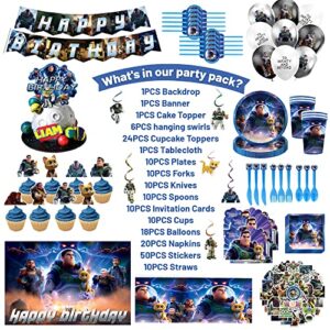 Buzz Lightyear Party Supplies, Buzz Party Decorations Set Include Happy Birthday Banner, Balloons, Swirls, Tableware, backdrops for Kids Lightyear Theme Party