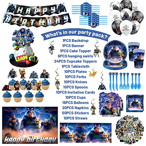 Buzz Lightyear Party Supplies, Buzz Party Decorations Set Include Happy Birthday Banner, Balloons, Swirls, Tableware, backdrops for Kids Lightyear Theme Party