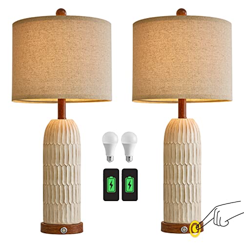 OYEARS 3-Way Dimmable Touch Control Table Lamp Set of 2 with Dual USB Charging Ports for Bedroom Living Room 26.5” Modern Farmhouse Bedside Lamps Nightstand Lamps(Bulbs Included)