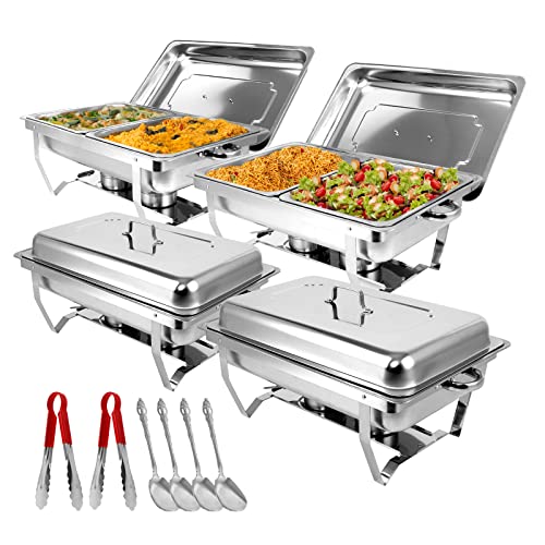 Snowtaros 4 Pack 8QT Chafing Dish Buffet Set, Stainless Steel Food Warmer Set, Rectangular Buffet Server with Tongs & Spoons for Parties, Catering, Banquets, Events (Half Size)