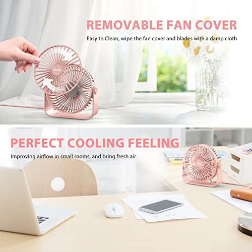 FARADAY USB Desk Fans 5 Inches Portable Table Fans 360° Head Rotation Small Personal Desktop Fan for Home Office, 3 Speeds, Pink