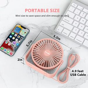 FARADAY USB Desk Fans 5 Inches Portable Table Fans 360° Head Rotation Small Personal Desktop Fan for Home Office, 3 Speeds, Pink