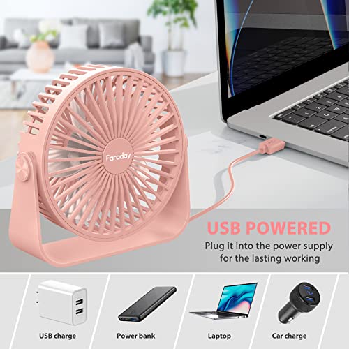 FARADAY USB Desk Fans 5 Inches Portable Table Fans 360° Head Rotation Small Personal Desktop Fan for Home Office, 3 Speeds, Pink