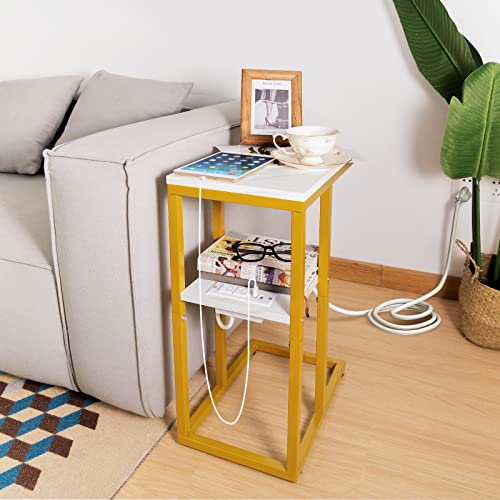 Yoobure C Shaped End Table with Charging Station, Small Side Tables for Living Room, Bedroom, Sofa Table with USB Ports and Outlets for Small Spaces, C Couch Table Rustic Snack Table Bed Side Table