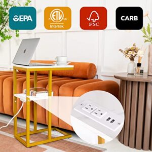 Yoobure C Shaped End Table with Charging Station, Small Side Tables for Living Room, Bedroom, Sofa Table with USB Ports and Outlets for Small Spaces, C Couch Table Rustic Snack Table Bed Side Table
