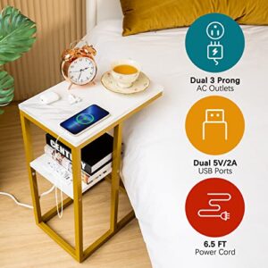 Yoobure C Shaped End Table with Charging Station, Small Side Tables for Living Room, Bedroom, Sofa Table with USB Ports and Outlets for Small Spaces, C Couch Table Rustic Snack Table Bed Side Table