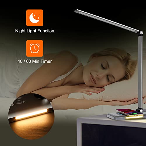 AFROG 4th Gen Multifunctional LED Desk Lamp with 10W Fast Wireless Charger,USB Charging Port,1200Lux Super Bright,5 Lighting Mode,7 Brightness,40 Min Timer,Night Light Function,5000K,12W,Grey