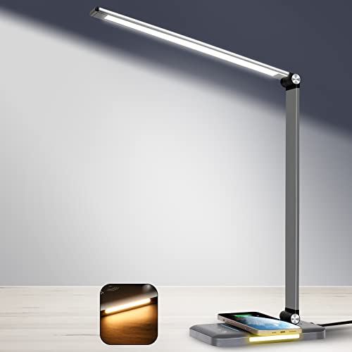 AFROG 4th Gen Multifunctional LED Desk Lamp with 10W Fast Wireless Charger,USB Charging Port,1200Lux Super Bright,5 Lighting Mode,7 Brightness,40 Min Timer,Night Light Function,5000K,12W,Grey