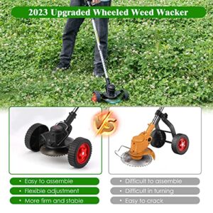 HUDAEN Cordless Grass Trimmer Weed Wacker, 3-in-1 String Trimmer Lawn Edger with 21V 2Ah Li-ion Battery for Garden and Yard with Wheel, Lightweight Adjustable Height Weed Eater Tool(Black)