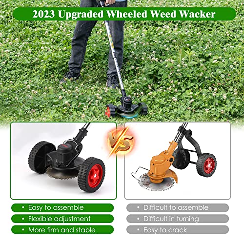 HUDAEN Cordless Grass Trimmer Weed Wacker, 3-in-1 String Trimmer Lawn Edger with 21V 2Ah Li-ion Battery for Garden and Yard with Wheel, Lightweight Adjustable Height Weed Eater Tool(Black)