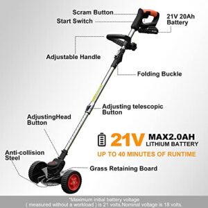 HUDAEN Cordless Grass Trimmer Weed Wacker, 3-in-1 String Trimmer Lawn Edger with 21V 2Ah Li-ion Battery for Garden and Yard with Wheel, Lightweight Adjustable Height Weed Eater Tool(Black)