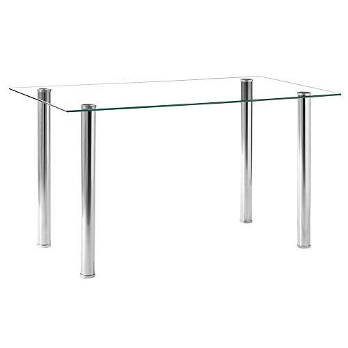 POULEII Glass Dining Table,Modern Minimalist Rectangular Table with Tempered Glass Tabletop and Silver Chrome Metal Legs for 6-8, Space Saving Dining Table for Kitchen Dining Room