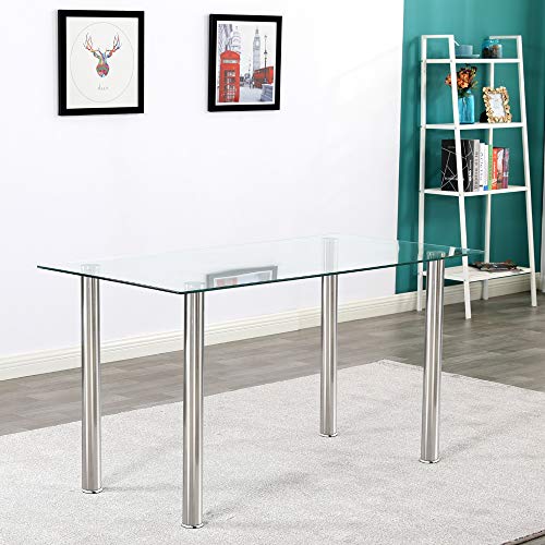 POULEII Glass Dining Table,Modern Minimalist Rectangular Table with Tempered Glass Tabletop and Silver Chrome Metal Legs for 6-8, Space Saving Dining Table for Kitchen Dining Room