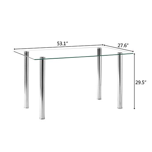 POULEII Glass Dining Table,Modern Minimalist Rectangular Table with Tempered Glass Tabletop and Silver Chrome Metal Legs for 6-8, Space Saving Dining Table for Kitchen Dining Room