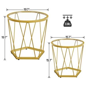 HOOBRO Round Coffee Table Set of 2, Gold Coffee End Table with Metal Frame, Tempered Glass Small Coffee Table for Living Room Bedroom Balcony Yard, Modern Style, Gold GD79BZ01