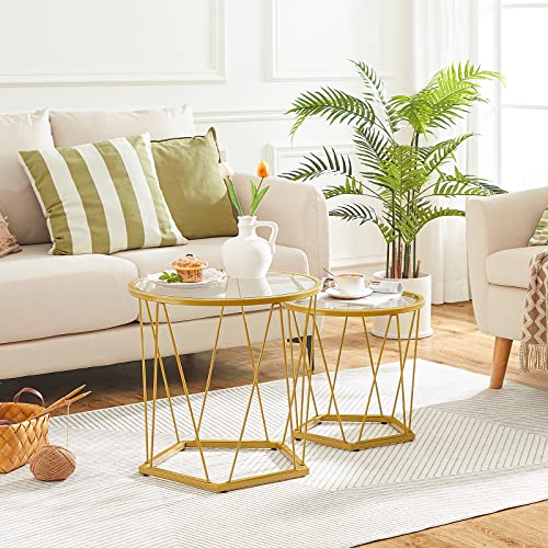 HOOBRO Round Coffee Table Set of 2, Gold Coffee End Table with Metal Frame, Tempered Glass Small Coffee Table for Living Room Bedroom Balcony Yard, Modern Style, Gold GD79BZ01