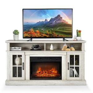 costway electric fireplace tv stand for tvs up to 65 inches, 1400w heater insert with remote control, 6h timer, 3-level flame, overheat protection and csa certification, adjustable shelves, grey