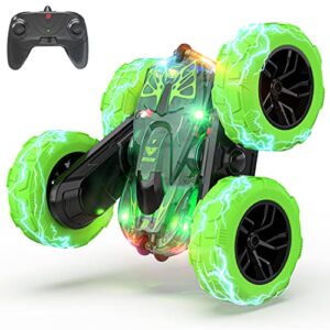 BEZGAR LED Remote Control Car for Boys, 2.4GHz Double Side 360 Flips RC Stunt Car for Boys 8-12, 4WD All Terrain Stunt Car with Rechargeable Battery