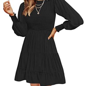 MEROKEETY Women's Fall Long Sleeve Crew Neck Smocked High Waist A Line Swing Mini Dress, Black, S