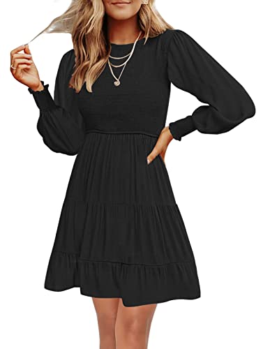 MEROKEETY Women's Fall Long Sleeve Crew Neck Smocked High Waist A Line Swing Mini Dress, Black, S