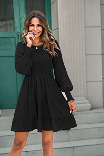 MEROKEETY Women's Fall Long Sleeve Crew Neck Smocked High Waist A Line Swing Mini Dress, Black, S