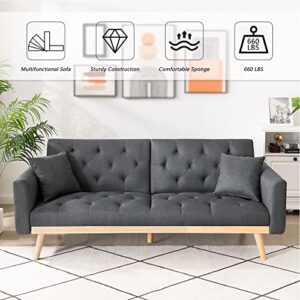 DKLGG Modern Futon Sofa Bed, Convertible Bed Folding Linen Fabric Sofa Bed Couch with Two Pillows, Adjustable Backrest Loveseat Couch Sofa, Sleeper Sofa Couch with Removable Armrests for Living Room