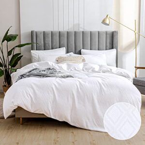 jellymoni white waffle duvet cover queen size - 3pcs textured microfiber comforter cover with diamond jacquard pattern, luxury soft bedding set with 8 corner ties & double zipper closure