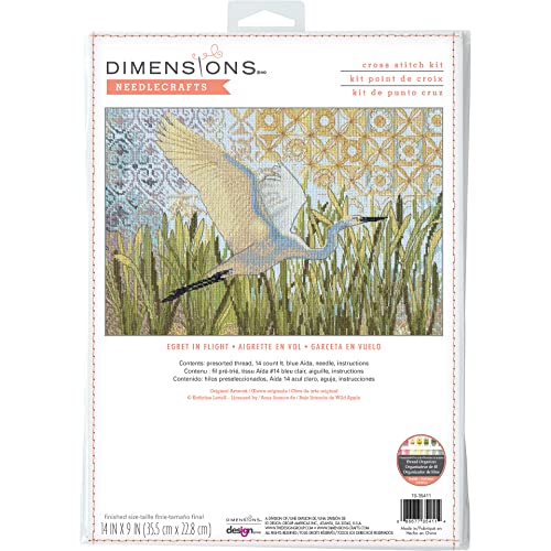 Dimensions 70-35411 Egret in Flight Counted Cross Stitch Kit for Beginners, 14" x 9", 14 Cnt. Light Blue Aida, 4pcs