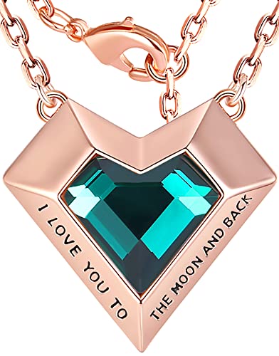 Leafael Ivy Heart Necklaces for Women, 925 Sterling Silver Chain, Emerald Green May Birthstone Crystal Geometric Pendant, 18K Rose Gold Plated, Jewelry Gifts for Her, I Love You to The Moon and Back