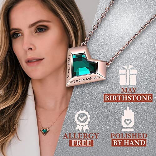 Leafael Ivy Heart Necklaces for Women, 925 Sterling Silver Chain, Emerald Green May Birthstone Crystal Geometric Pendant, 18K Rose Gold Plated, Jewelry Gifts for Her, I Love You to The Moon and Back