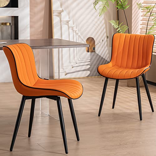 YOUNUOKE Dining Chairs Set of 2,Upholstered Mid Century Modern Chair Armless Faux Leather Accent Chairs with Backrest Metal Legs and Adjustable Feet for Kitchen Living Room Bedrooms,Orange