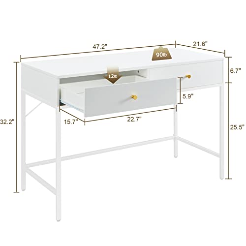 SUPERJARE Vanity Desk with Drawers, 47 inch Computer Desk, Modern Simple Home Office Desks, Makeup Dressing Table for Bedroom - White
