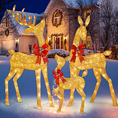 Super Large 3 Pieces Lighted Reindeer Christmas Decoration Family Set, Christmas Deer Family Decor Outdoor Yard Christmas Decorations with 240 LED Lights, Stakes, Zip Ties