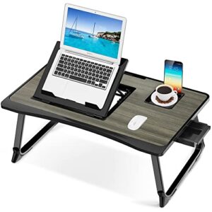 lap desk for adults, saviki serving laptop bed tray breakfast with folding legs, mdf bed table with cup holder, bed desk notebook stand with top storage drawer, students desk/game table (gray)