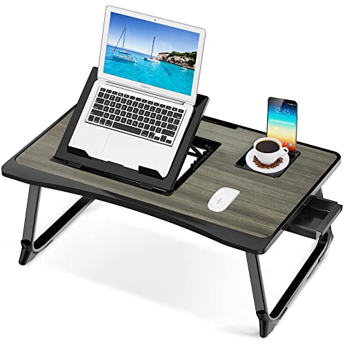 Lap Desk for Adults, Saviki Serving Laptop Bed Tray Breakfast with Folding Legs, MDF Bed Table with Cup Holder, Bed Desk Notebook Stand with Top Storage Drawer, Students Desk/Game Table (Gray)