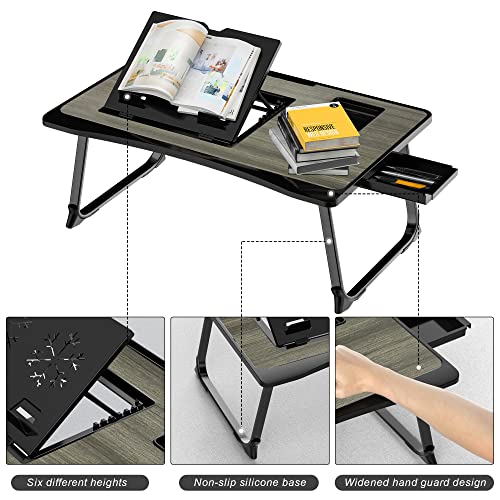 Lap Desk for Adults, Saviki Serving Laptop Bed Tray Breakfast with Folding Legs, MDF Bed Table with Cup Holder, Bed Desk Notebook Stand with Top Storage Drawer, Students Desk/Game Table (Gray)