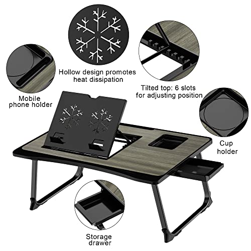 Lap Desk for Adults, Saviki Serving Laptop Bed Tray Breakfast with Folding Legs, MDF Bed Table with Cup Holder, Bed Desk Notebook Stand with Top Storage Drawer, Students Desk/Game Table (Gray)