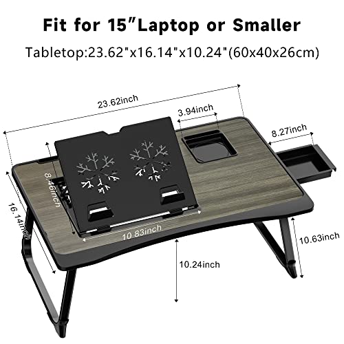 Lap Desk for Adults, Saviki Serving Laptop Bed Tray Breakfast with Folding Legs, MDF Bed Table with Cup Holder, Bed Desk Notebook Stand with Top Storage Drawer, Students Desk/Game Table (Gray)