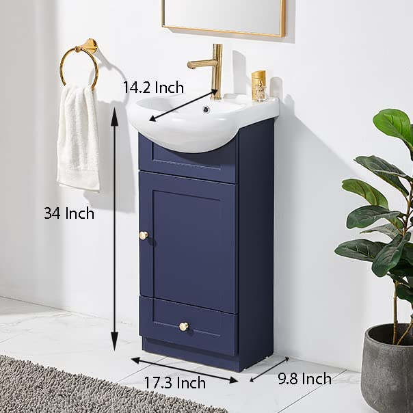 18 Inch Modern Bathroom Vanity with Sink, Blue Bath Vanity Combo, Bath Vanity with Ceramic Sink Single Bathroom Vanity Cabinet for Small Space, Bathroom Vanity Set,1 Door 1 Drawer