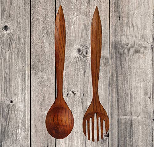 Zeckos Set of 2 Modern Minimalist Carved Wood Fork & Spoon Wall Hanging Home Decor 23.75 Inches High