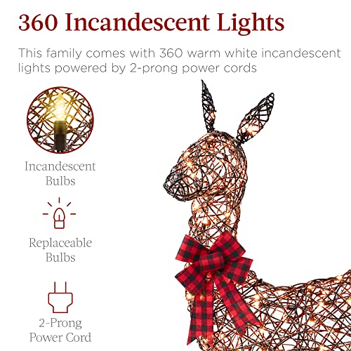 Best Choice Products 3-Piece Large Rattan Deer Family, Lighted Christmas Reindeer 5FT Outdoor Yard Decoration Set w/ 360 Incandescent Lights, Stakes, Zip Ties - Brown