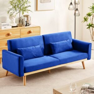 lamerge velvet sleeper couch with pillows & wooden frame, upholstered modern folding futon sofa bed, lounge memory foam convertible loveseat for studio, apt, dorm, home office (blue)