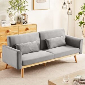 lamerge velvet sleeper couch with pillows & wooden frame, upholstered modern folding futon sofa bed, lounge memory foam convertible loveseat for studio, apt, dorm, home office (gray)