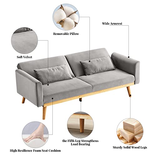 Lamerge Velvet Sleeper Couch with Pillows & Wooden Frame, Upholstered Modern Folding Futon Sofa Bed, Lounge Memory Foam Convertible Loveseat for Studio, APT, Dorm, Home Office (Gray)