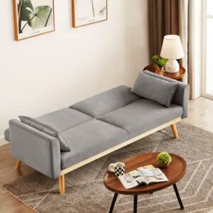 Lamerge Velvet Sleeper Couch with Pillows & Wooden Frame, Upholstered Modern Folding Futon Sofa Bed, Lounge Memory Foam Convertible Loveseat for Studio, APT, Dorm, Home Office (Gray)