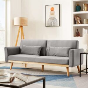 Lamerge Velvet Sleeper Couch with Pillows & Wooden Frame, Upholstered Modern Folding Futon Sofa Bed, Lounge Memory Foam Convertible Loveseat for Studio, APT, Dorm, Home Office (Gray)